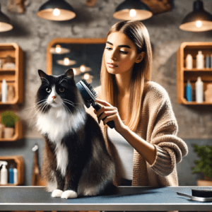 A tuxedo cat sitting on a grooming table with a young woman. The woman is gently brushing the cat's fur, looking focused and caring. The setting is a grooming area.