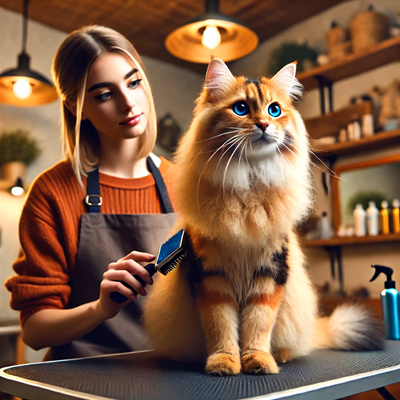 An orange and black cat with striking blue eyes sitting on a grooming table with a young woman. The woman is gently brushing the cat's fur, looking at the cat.